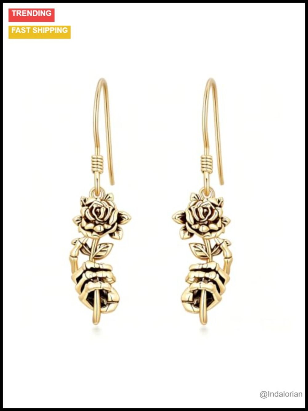 14K Gold Plated Skeleton Hand Rose Dangle Earrings Gothic